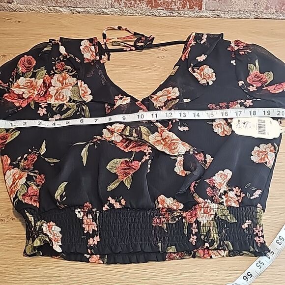 Altar'd State -670 Black Floral V-Neck Long Sleeve Tie Back Smocked Hem Blouse L - Picture 6 of 7